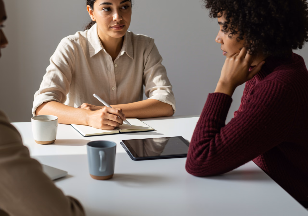 Two coworkers at desk in meeting taking notes